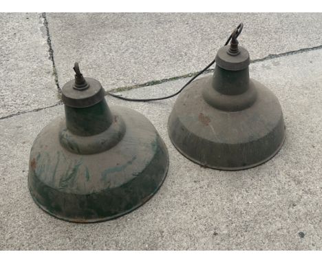 Two green enamel industrial lights measures approx 18 inches tall by 18 inches diameter 