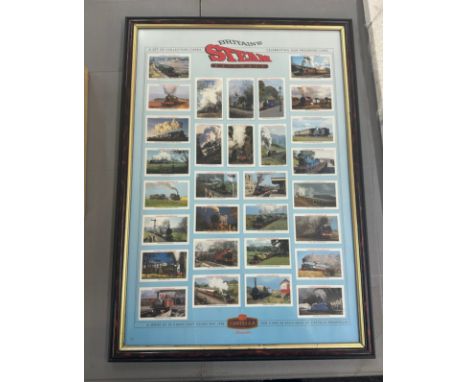 Framed vintage Britains Steam Railway set of collectors cigarette cards by Castella Panatellas frame measures approx 26 inche