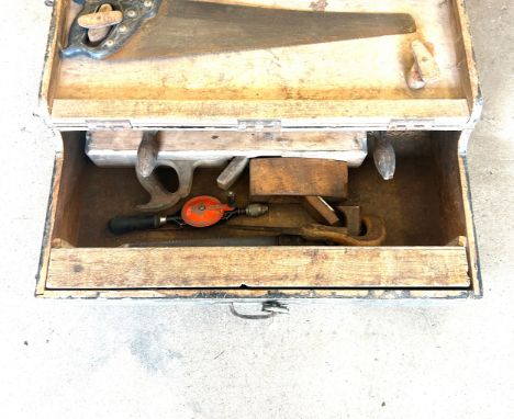 Vintage wooden tool box and contents 