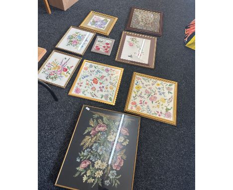 Selection of vintage tapestries and needleworks largest measures 24 inches wide by 28 inches tall 