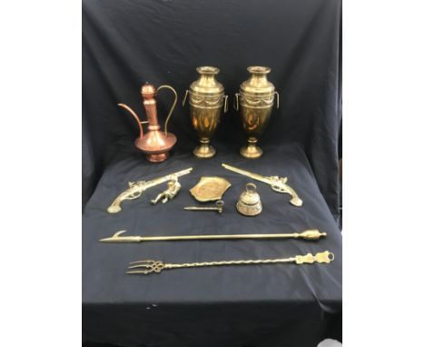 Selection of brass ware to include two brass vases, novelty brass items and a copper genie lamp 