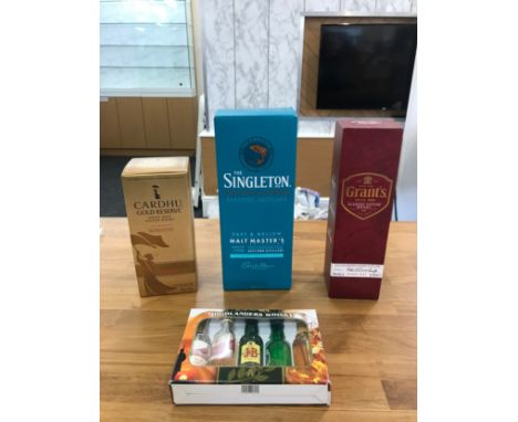 Selection of Scotch whisky to include Grants 70cl, The Singleton 700ml, Cardhu gold reserve 70cl and some boxed miniature hig