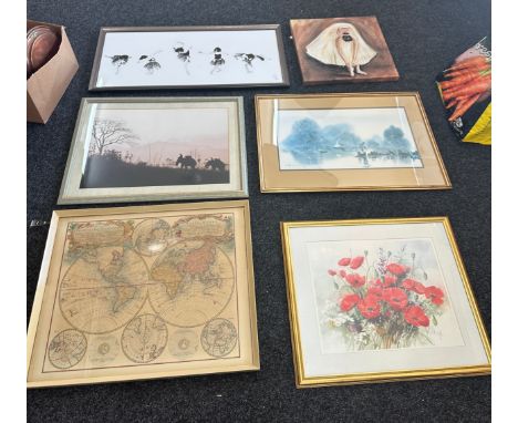 Selection of vintage and later framed prints largest measures 39 inches wide by 13 inches tall 