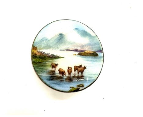 Silver and enamel compact with Scottish cattle scene Birmingham 1926 inside with mirror 