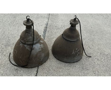 Two industrial enamel vintage lights measures 21 inches tall by 18 inches diameter 