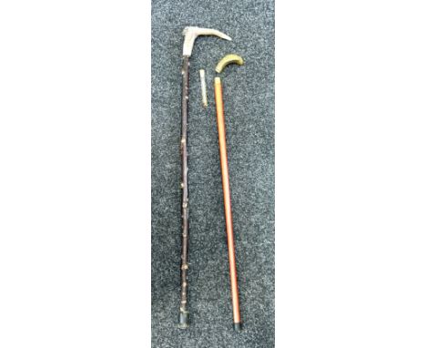 2 Vintage walking sticks includes brass head flask stick, and a horn handled walking stick 