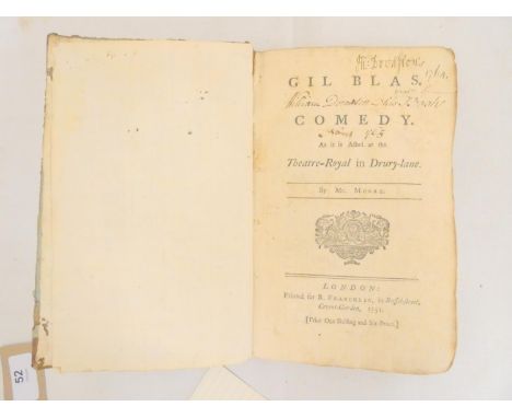 MOORE MR.&nbsp;&nbsp;Gil Blas, A Comedy as it is Acted at the Theatre-Royal in Drury-Lane. 1751. Bound in orig. leather backe