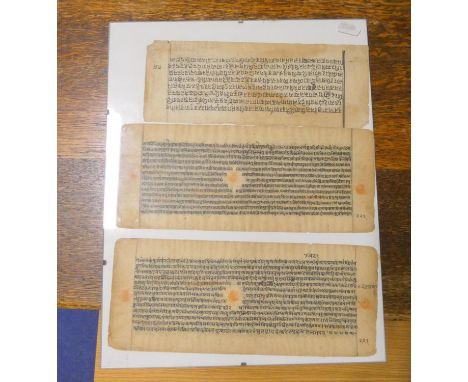 Sanskrit Texts.&nbsp;&nbsp;3 old Sanskrit manuscript leaves, text to both sides. 4" x 10" &amp; 3.5" x 9". 