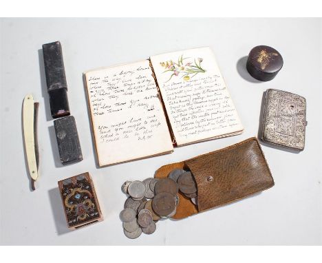 Mixed lot, to include a cut throat razor, matchbox holder, pouch of vintage foreign coins,wooden box, white metal fretted cig