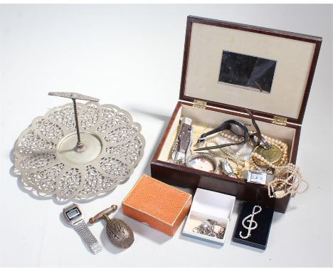 Mixed lot to include seven watches, costume jewellery, copper and brass nutcracker, a pierced cake tray etc (qty) 