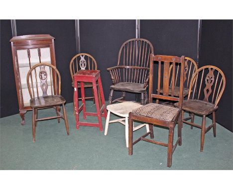 Mixed lot of furniture, to include four Ercol Windsor chairs, a display cabinet, a Windsor armchair, two stools, and another 