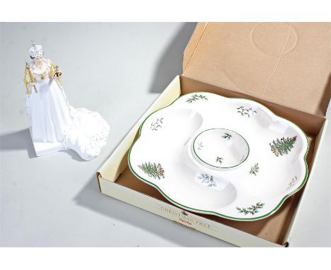 Boxed Spode Christmas tree platter, and a Coalport Queen Elizabeth II Diamond Jubilee figurine, 22cm in height 