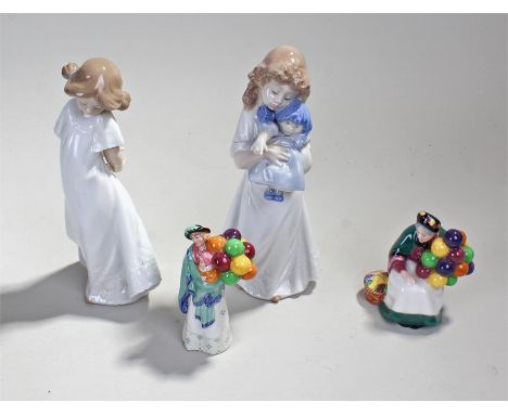 Two Royal Doulton figurines, The Balloon Seller (HN 2130) and the Old Balloon Seller (HN 2129), as well as two Nao figures on
