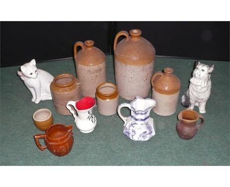 Large quantity of earthenware jugs and pots, as well as two mantelpiece cats (qty) 