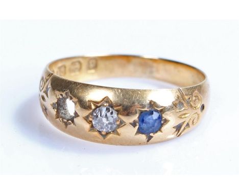 18 carat gold sapphire and diamond ring, the central diamond with one sapphire, the other missing, 3.4 grams