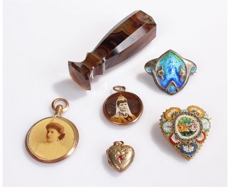 Silver and enamel Art Nouveau brooch, together with a micromosaic brooch, a heart, two pendants and a seal, (6)