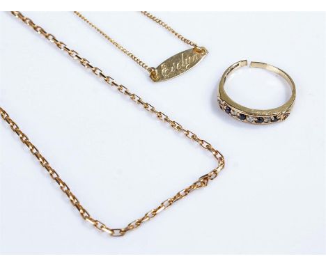 9 carat gold jewellery, to include a chain, a bracelet and a ring, total weight 6.1 grams