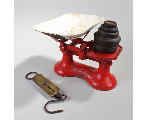Weighing scales, in red, together with weights, together with Salters Pocket Balance scales, (2)