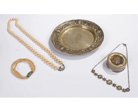 Silver dish, marked 800, together with Rosary beads, and pearl necklaces