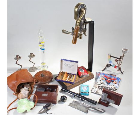 Mixed lot, to include vintage tape measure, candlesticks, cork remover, erotic playing cards, tobacco tin, etc, (Qty)