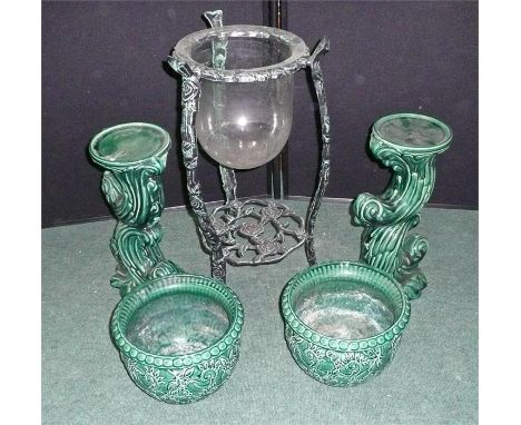 Two Victorian garden planters and two stands, together with a reproduction glass planter and stand (5) 
