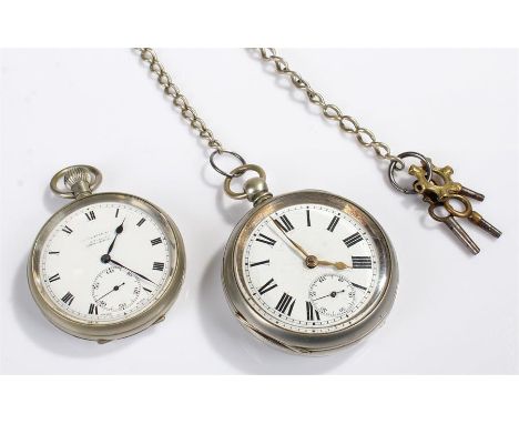 Two pocket watches to include a crown wound example with enamel dial, roman numerals and seconds dial retaliirs name rubbed p