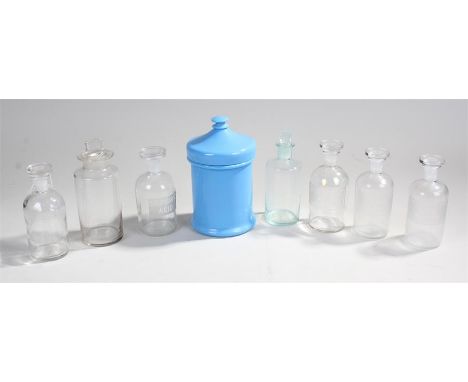 Collection of glass and ceramic apothecary jars, including labels for lime water, sulphuric acid, and hydrochloric acid (qty)