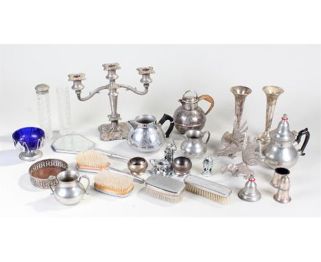 Collection of silver plated wares, to include a candlestick, tulip vases, tea pots, cockerel, brushes. (qty)