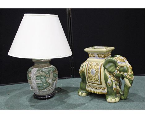 Indian elephant stand, length:52cm width:46cm, together with a large Chinese table lamp, height:76cm (2)