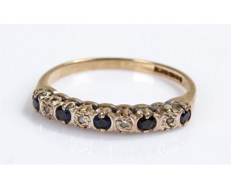 9 carat gold sapphire ring, with a row of sapphires and diamonds 