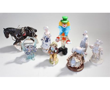 Collection of ceramic and glass figures, shire horse, clowns, etc, (8)