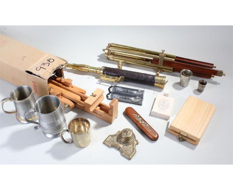 Mixed lot to include a telescope and tripod, boxed easel, and assorted metal ware