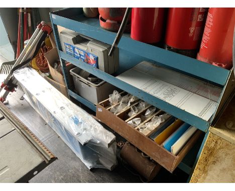 Tool racking, fire extinguishers, gas, loft ladder, garden tools, tripod, burner and other tools - THIS LOT IS TO BE COLLECTE