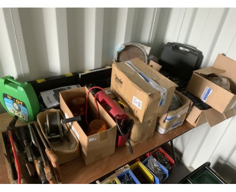 3 x 110v twin head work lamps, hand tools, Land Rover lamp guards, rubber washers, collection of bearings, jockey wheel clamp