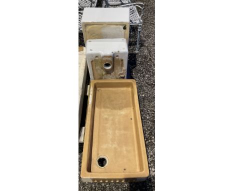 Two white enamel Belfast sinks and a shallow glazed stone sink - THIS LOT IS TO BE COLLECTED BY APPOINTMENT FROM DUGGLEBY STO