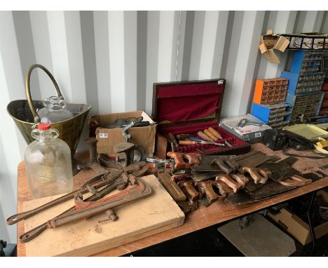 Large quantity of woodworking and other tools, to include saws, chisels, screws with drawers, clamps, bolt cutters, glass jar