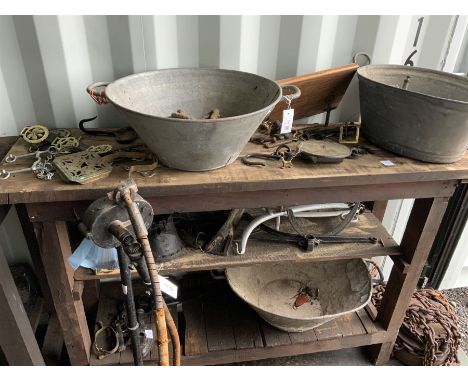 Vintage Galvanised tubs, livestock clipper, horses brasses and accessories, scales etc - THIS LOT IS TO BE COLLECTED BY APPOI