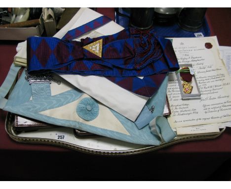 Masonic Interest; Aprons, sash, related ephemera, "Royal Masonic Benevolent Institution" Medallion, etc, contained in a brown