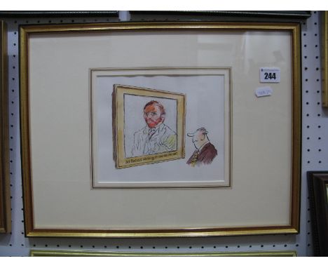 Terence Parkes (Larry) 1927-2003 'Self Portrait Wearing Christmas Present', pen, ink and watercolour details verso 15.5 x 18.