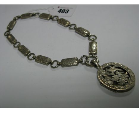 A Victorian Oval Locket Pendant, on decorative panel style collar necklace, both of Aesthetic design.