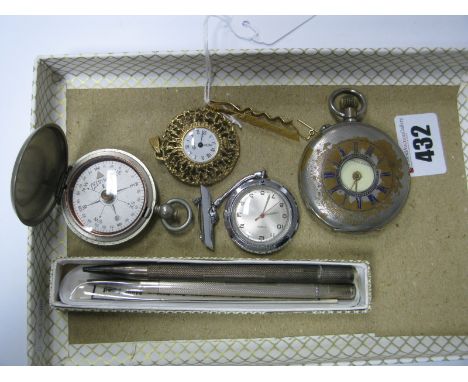 A Gent's Tie Slide, (indistinctly stamped), a Hunter case pocketwatch, compass, ladies pendant watch, engine turned pencils, 