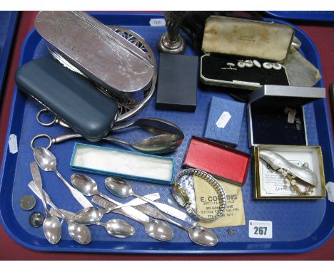 Decorative JD&amp;S EPBM Trinket Box, of rounded rectangular form with swag detail, 18.3cm long; souvenir teaspoons, trivet, 