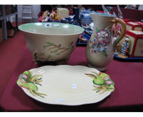 Clarice Cliff - Newport Pottery Circular Fruit Bowl, with raised tree decoration stamped 988, 25.5cm diameter, similar jug 71