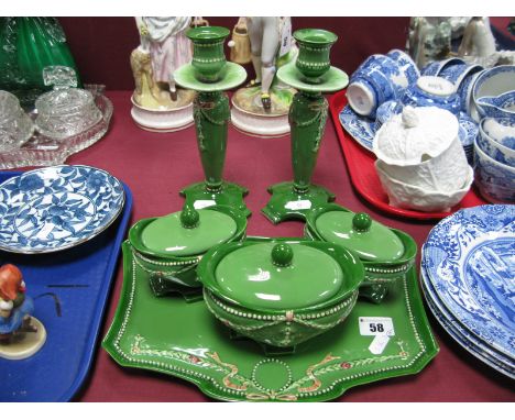 Eichwald, Early XX Century Pottery Six Piece Dressing Table Set with ribbon and swag decoration on green ground. 