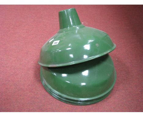 Six Green Enamel Industrial Light Shades, 35.5cm diameter.