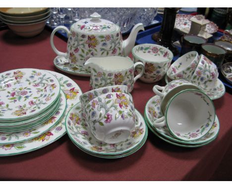 Minton 'Haddon Hall' Part Tea Set, comprising tea pot, milk, sugar, six cups, five saucers, six tea plates  and oval dish, ca