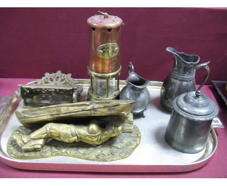 A Brass Miners Lamp (Hockley Lamp, Limelight Co), brass casting of a miner on the coal face, XIX Century pewter tea caddy:- O