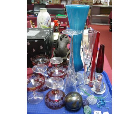 A Glasform (John Ditchfield) Iridescent Spherical Paperweight, etched mark, Millenium large champagne glasses, ruby flash sun