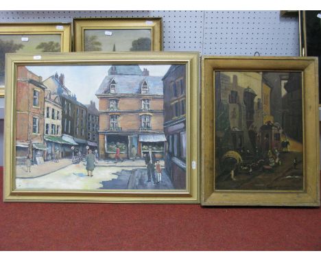 Nicolaisen, Loading Up the Carriage, oil on board, signed and dated '15, 38 x 28.5cm. City Centre scene, oil on board, unsign