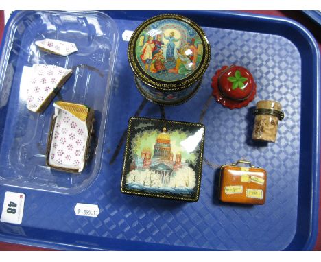 Two Russian Painted Lacquer Boxes, and four Limoges porcelain trinket pots (one damaged). (6)